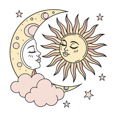 Romantic Moon and Sun Sticker Facing Each Other Illustration