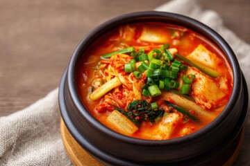 Korean street food, Spicy kimchi stew garnished with green onions in a bowl.