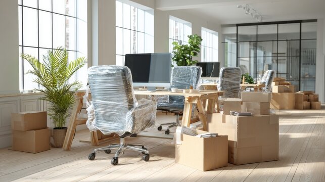 Modern office relocation with packed boxes and wrapped furniture in sunlight - Powered by Adobe