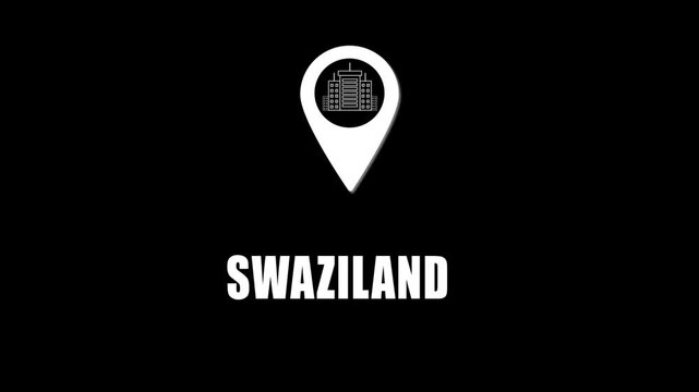 Location pin icon with city skyline and Swaziland text on black background. GPS location tracking icon.