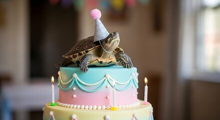Adorable Turtle Celebrates Birthday with a Festive Party Hat on a Colorful Tiered Cake