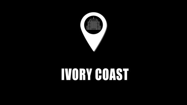 Location pin icon with city skyline and ivory coast text on black background. GPS location tracking icon.
