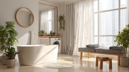 Fototapeta premium Modern bright bathroom with bathtub and city view