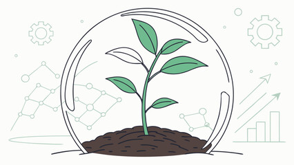 Young plant growing in soil under a protective glass dome symbolizing growth and protection in business and technology.