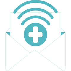 Teal Color Medical Health Cross Symbol Inside Open Envelope Icon With Wifi Signal Waves Above On Transparent Background