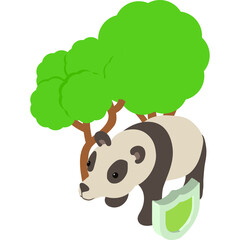 Stylized Isometric Panda Bear Stands Under a Lush Green Tree Beside a Protective Shield on a White Background