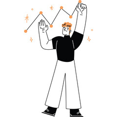 Stylized Man in Black and White Outfit Gesturing Towards Upward Trend Line with Orange Dots and Sparkles on Transparent Background Minimalist Art Style