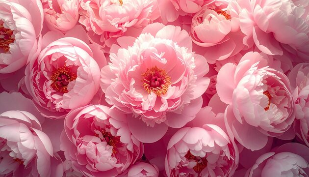 Soft, delicate pink peonies fill the frame, their layered petals unfurling gently