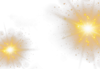 Horizontal golden light rays with glare, flashes, and sparkling glow isolated on transparent background. Shining star effect PNG, golden sun light, bright gold flash, and shimmering powder 