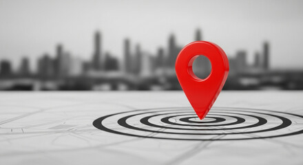Stylized realistic map with central red location marker and concentric circle target effect
