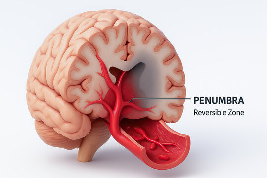 Penumbra reversible zone in brain illustration showing ischemic area with damaged tissue and surrounding salvageable tissue, medical anatomy visualization, clinical stroke concept