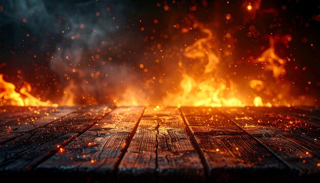 Warm, glowing embers dance across a rustic wooden surface with fiery flames and smoke in the background