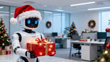 white delivery robot wearing red Christmas hat holding glowing presents on bright festive background of modern office with ample empty space/ Christmas spirits
