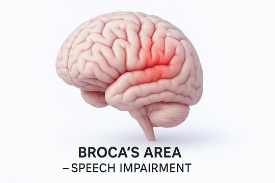 Broca area brain speech impairment highlighted, neuroscience concept medical illustration, neurological disorder visualization, language function region, cortex anatomy