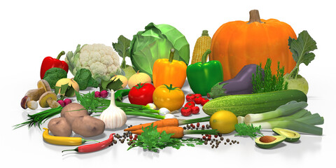 Bute Gemüse und Gewürzkräuter Kollektion mit Kürbis, Paprika, Zwiebel, Kohl, Blumenkohl, Salat, Gurke, Karotten, Mais, Pilze, Knoblauch, Chilli, Aubergine und vieles mehr,  transparenten Hintergrund