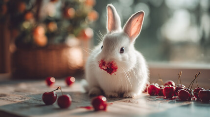 White rabbit eats a cherry on a table