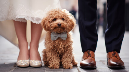 Small brown dog wearing a stylish bow tie sitting contentedly near the feet of newlyweds during a joyful wedding ceremony