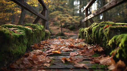 An old wooden bridge covered with autumn leaves