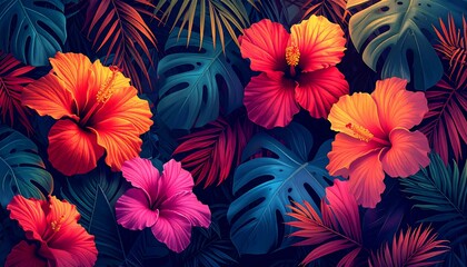 Vibrant tropical foliage and blooming hibiscus flowers in saturated, dramatic hues