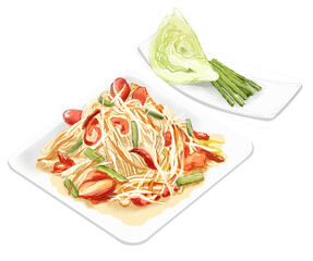 Som Tam Thai Papaya Salad Illustration with Fresh Vegetables