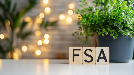 Minimalist scene with wooden blocks spelling "FSA" on a bright white table, symbolizing flexible spending accounts, savings, healthcare, and investment in a clean, modern setting.
