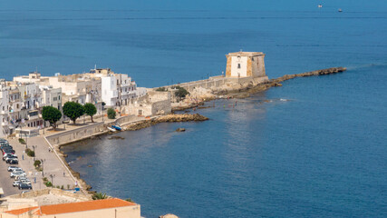 Aerial view of the Ligny Tower, located in Trapani, Sicily, Italy. It was a coastal watchtower on the city's western coast, overlooking the Mediterranean Sea. Today it is an archaeological museum.