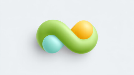 Abstract 3D rendering of a continuous infinity loop shape, soft green, orange, and blue, representing connection, endless concept, and soft design.