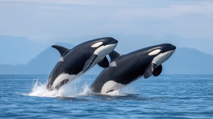 Two majestic orcas breaching the surface of a tranquil ocean under a clear blue sky, showcasing their strength and beauty in a stunning marine environment
