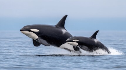 Fototapeta premium Majestic Orcas Leaping Out of Calm Blue Water in Clear Sky, Showcasing Nature's Incredible Marine Life Beauty and Grace in Ocean Habitat