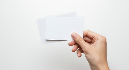 Hand holding blank square paper isolated on cream beige background