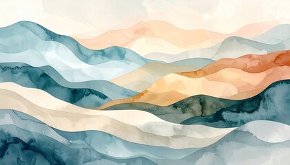 Obraz premium Abstract watercolor art of layered, rolling hills in soft blues, greens, and warm earthy tones