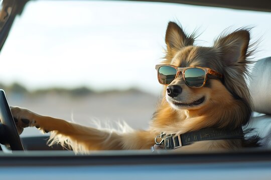 A cool dog wearing sunglasses drives a car with the wind in its fur, epitomizing fun and carefree moments during sunny escapades.