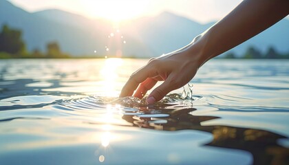 Hand Touching Water Surface at Sunset with Mountain Range in Background Serene Scene