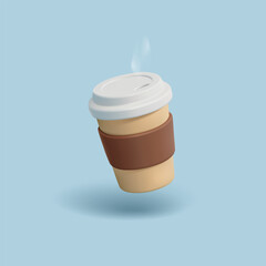 3D aromatic hot coffee in a paper cup on a blue background. For concepts of delicious coffee to go. Coffee shops, fast food. Vector illustration.
