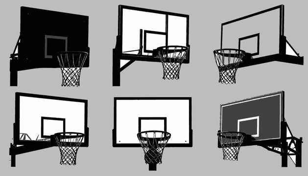Black and white illustration of basketball backboards with nets. Varied perspectives and styles are displayed - Powered by Adobe