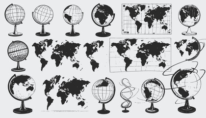 Collection of world maps and globes illustrations in a monochrome style, black and white design