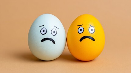 Two eggs with sad faces on them. The eggs are placed on a brown surface. Scene is sad and melancholic