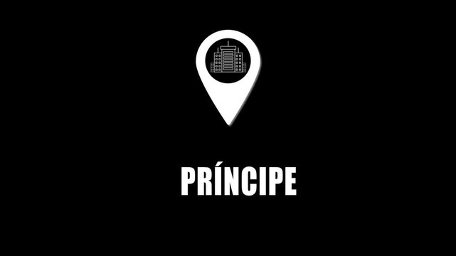 Location pin icon with city skyline and Principe text on black background. GPS location tracking icon.