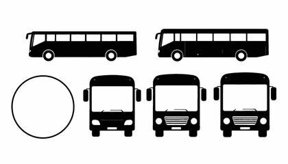 Black bus illustrations in various angles. Includes side and front views of several transport vehicles © Bella