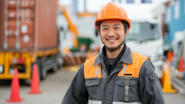 男性が物流現場で自信を見せる作業員の姿