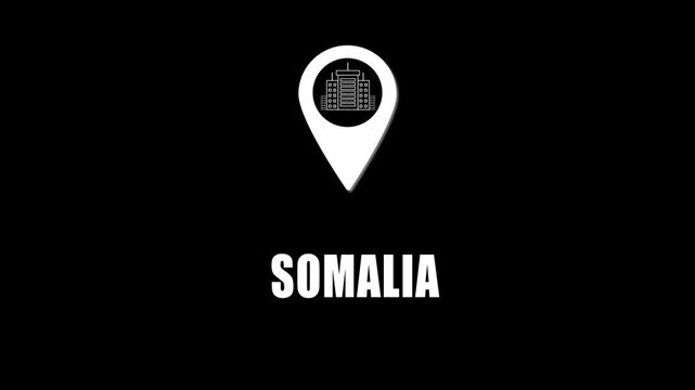 Location pin icon with city skyline and Somalia text on black background. GPS location tracking icon.