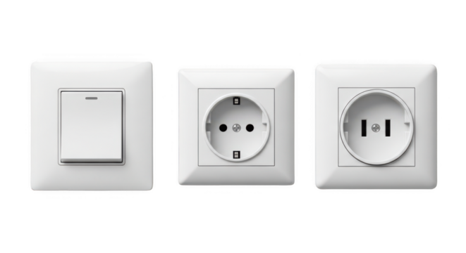 White outlets and a light switch on transparent background