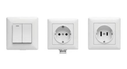 White switches and power outlets on transparent background