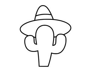 Vector isolated colorless black and white minimal black line illustration of a cactus wearing a wide brimmed sombrero in a simple outline style. 