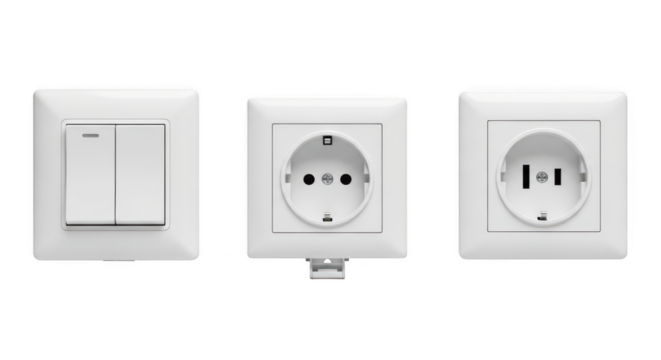 White switches and power outlets on transparent background