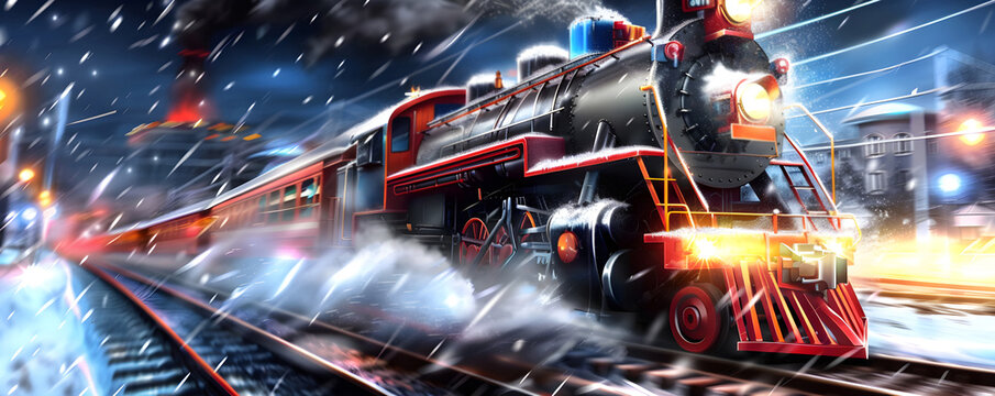 Red polar express train passing through a snowy forest. Christma