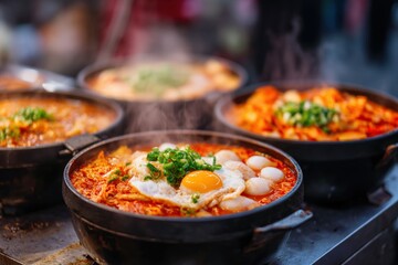 Fototapeta premium Korean street food, Delicious steaming bowls of noodles with egg and greens.