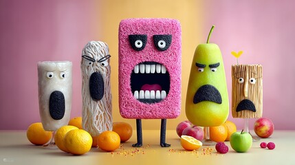 Group of cartoon characters are standing in front of a table with fruit and desserts. Scene is lighthearted and playful, as the characters are dressed up in funny outfits