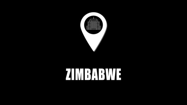Location pin icon with city skyline and Zimbabwe text on black background. GPS location tracking icon.