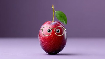 Red apple with glasses on it. The apple is sitting on a purple background. The glasses on the apple give it a quirky and humorous appearance